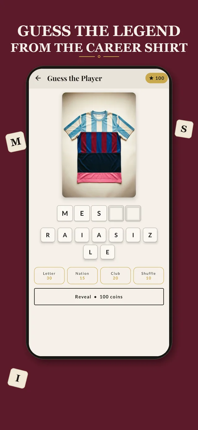 Guess Football Shirt quiz screen — mystery career shirt with letter tiles